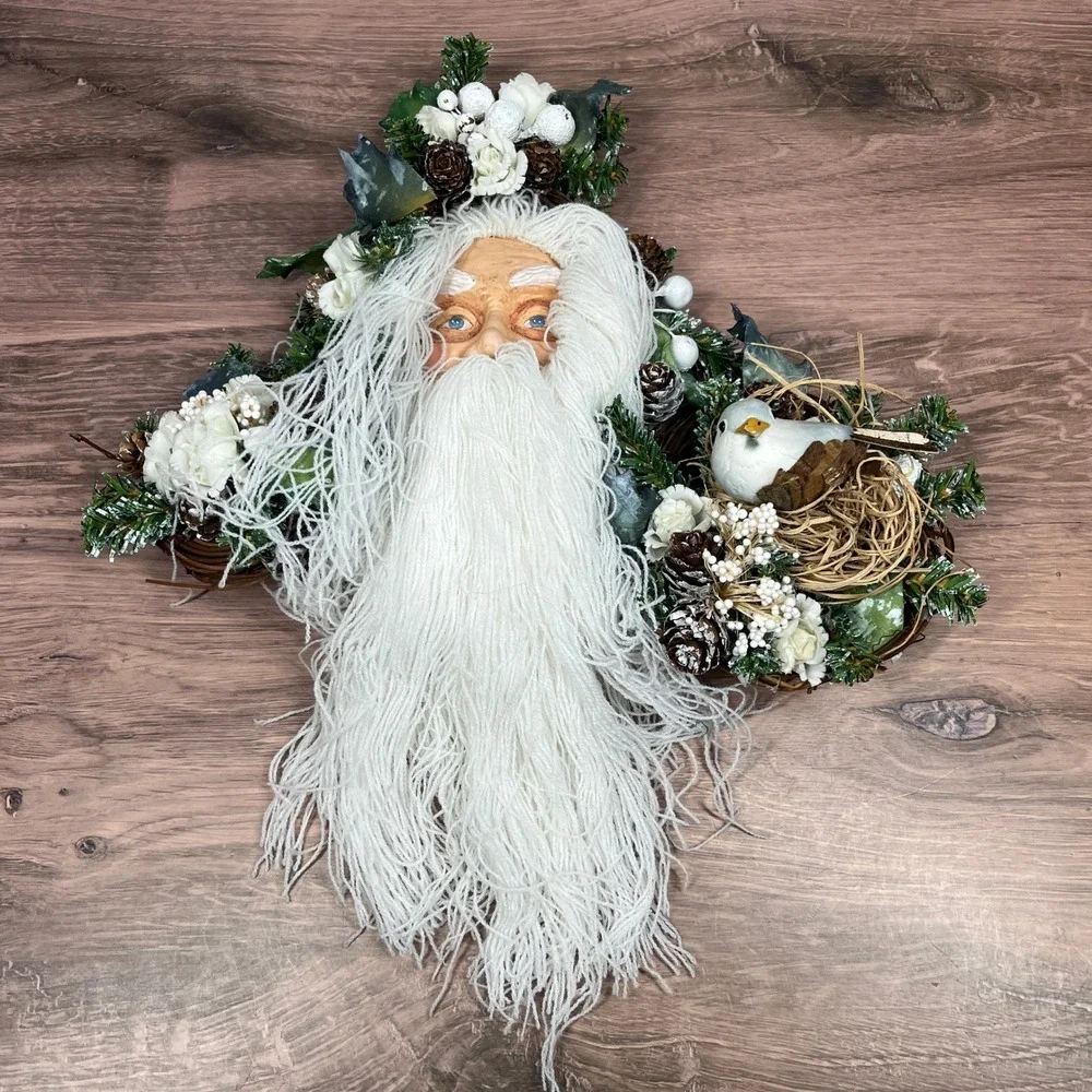 Vintage Santa Claus Wall Hanging Christmas Decor 14 in White Rustic Bird Nest